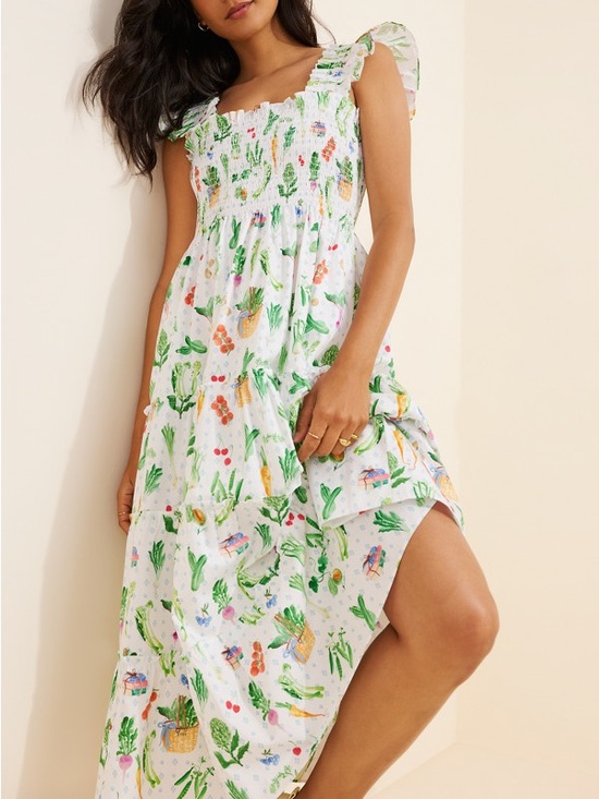 Hill House Dresses & Skirts - Hill House White Colorful Floral Vegetable Garden Smocked Ruffle Midi Sundress M